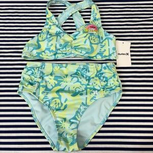 Hurley Aqua & Lime Girls' Two-Piece Swimsuit Set Size 14